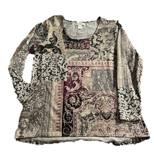 Christopher & Banks Patchwork Print Long Sleeve Blouse in Cream, Black, Burgundy